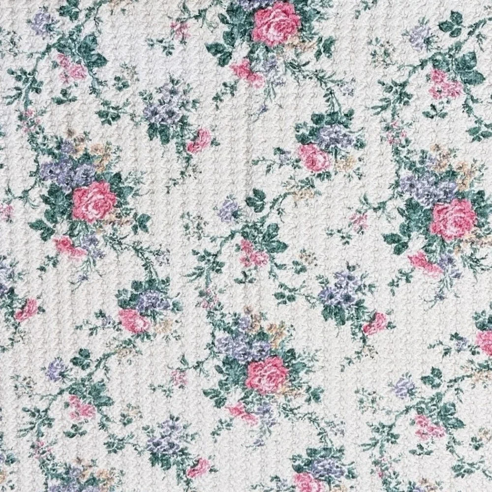 Floral Chenille Throw Blanket Pink Roses Lavender Fringed Edge White Vintage